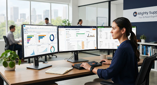 Modern workspace with business software dashboards