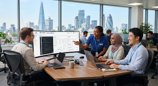 IT technicians working together at a computer monitor