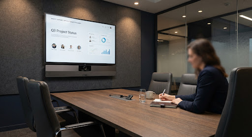 Modern conference room with display and audio bar