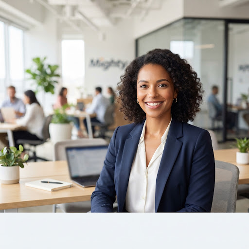 Headshot of a smiling professional woman in a bright office environment