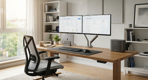 Home office desk with dual monitors and a Wi-Fi router