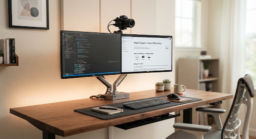 Modern home office with dual monitors and a docking station