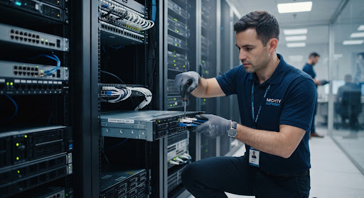 IT technician setting up a rack-mounted server in an office