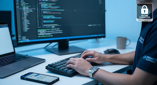 Technician's hands on a keyboard during a remote support session