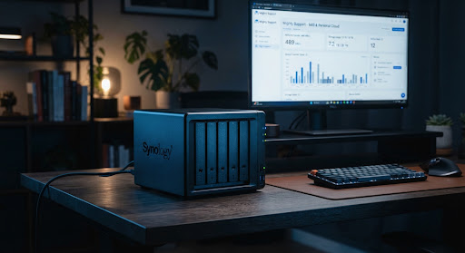 NAS storage unit on a desk in a home office