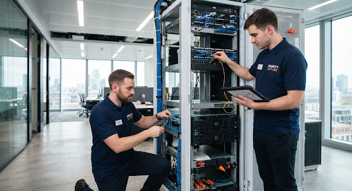 IT technicians setting up server racks and cabling in a modern office