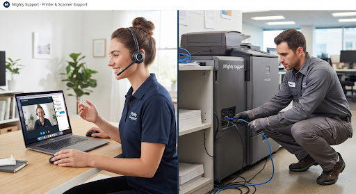 Remote printer support on a laptop alongside an onsite technician connecting a printer